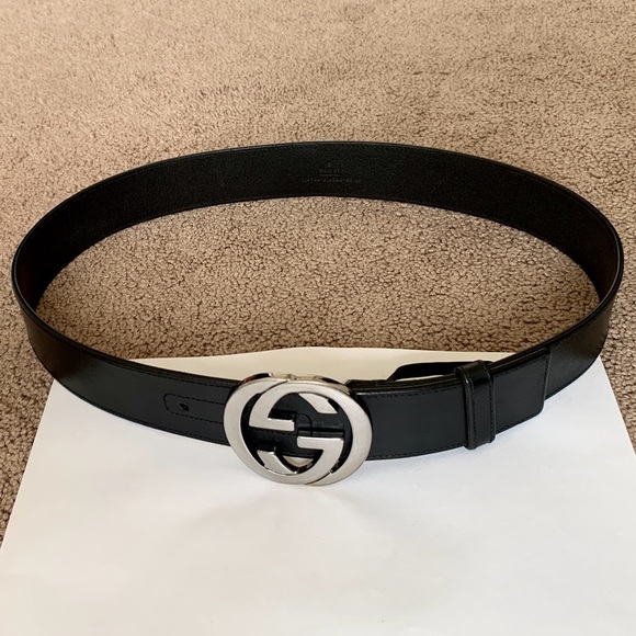 Authentic GUCCI unisex black leather belt with GG interlocking buckle - Picture 1 of 8